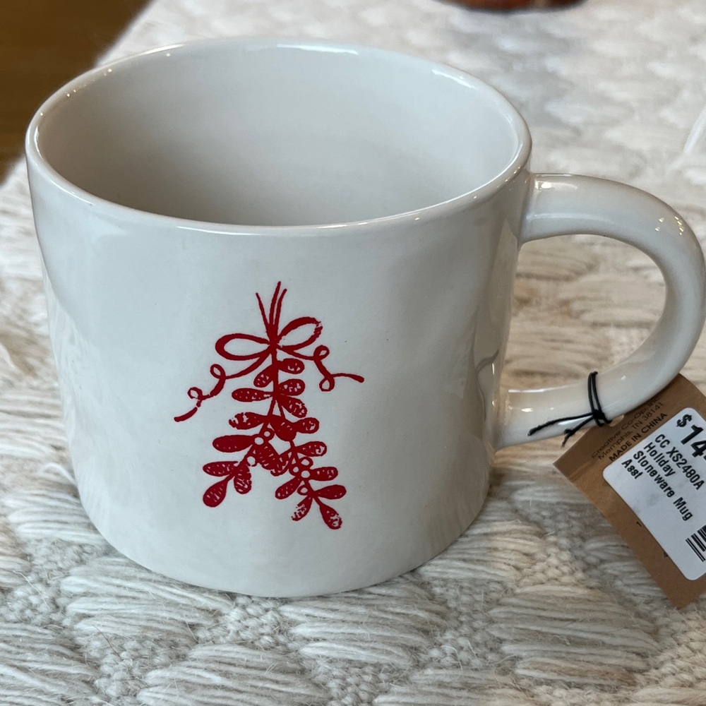 NWT Creative Co-Op White Mug with Mistletoe Red Leaf Design